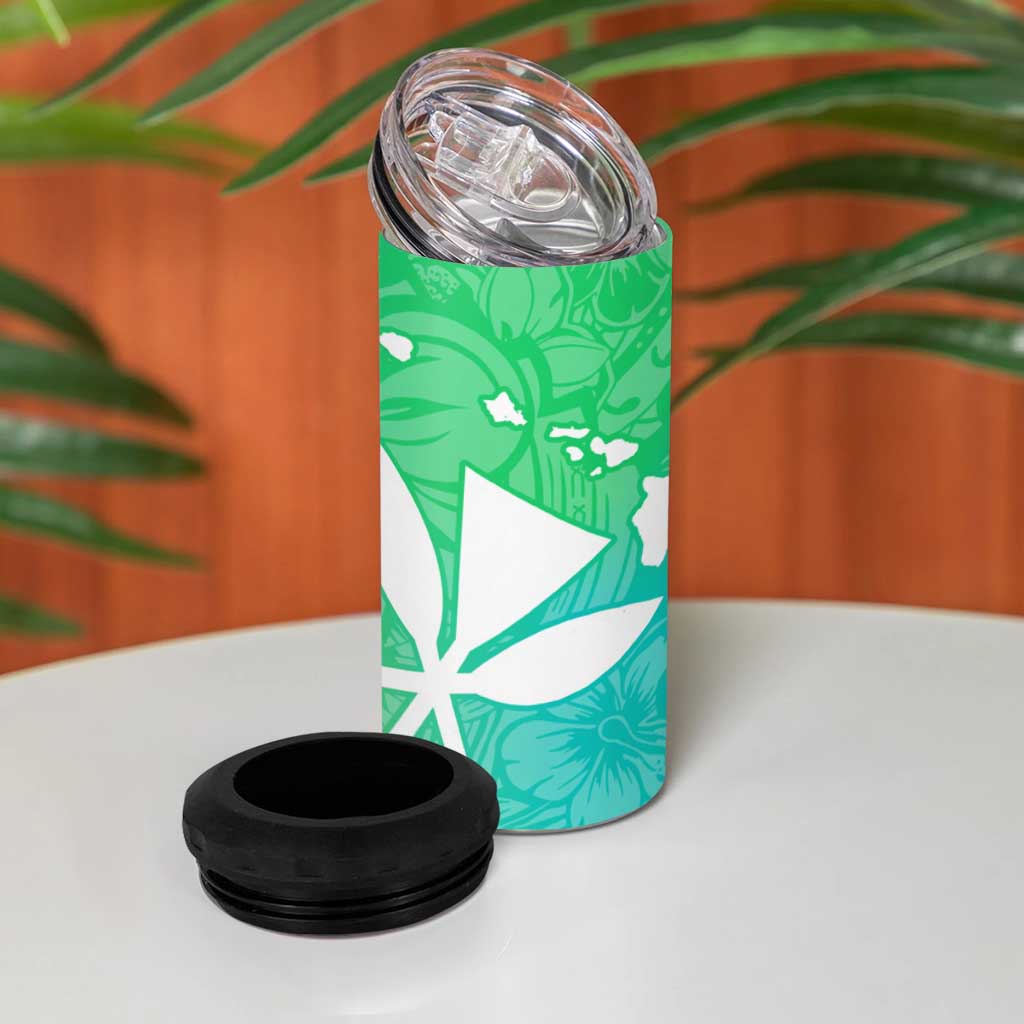 Polynesian Tribal Plumeria 4 in 1 Can Cooler Tumbler with Hawaii Kanaka Maoli Green Gradient Version