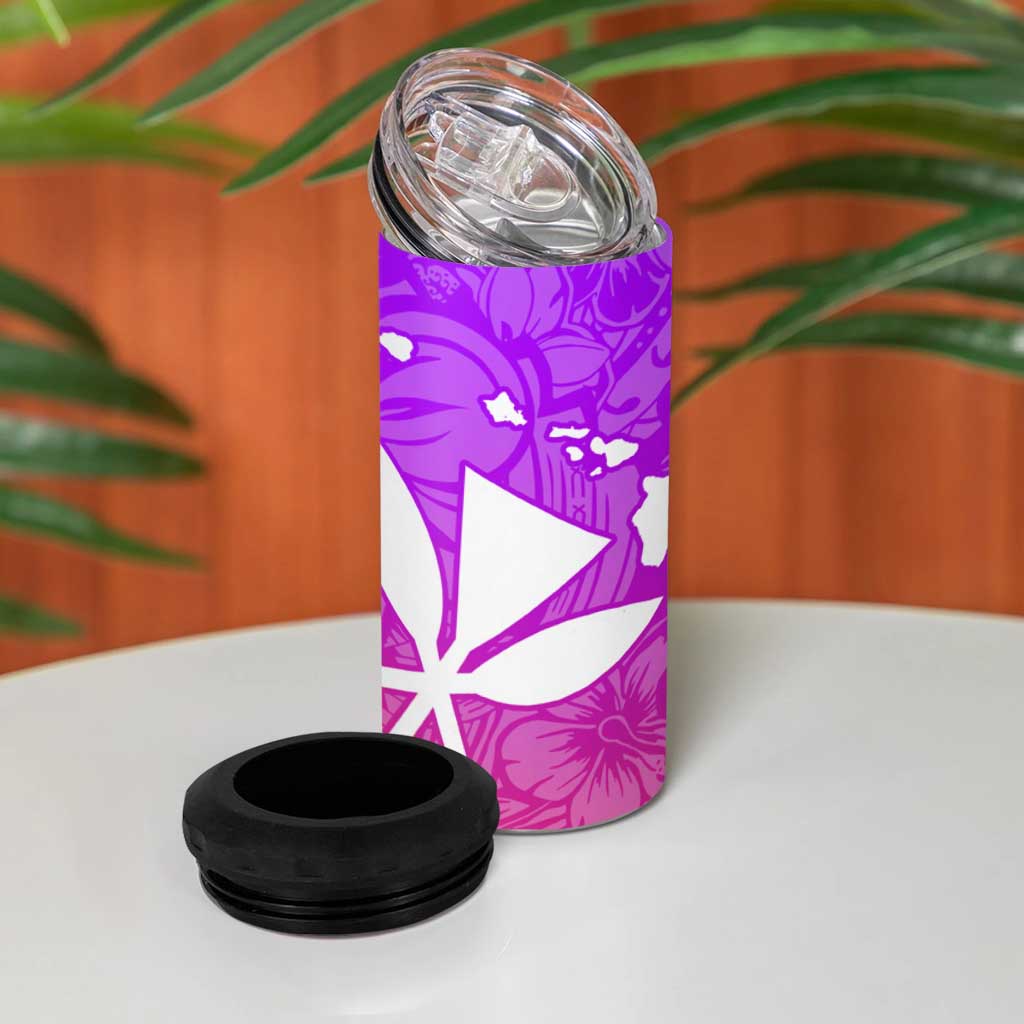 Polynesian Tribal Plumeria 4 in 1 Can Cooler Tumbler with Hawaii Kanaka Maoli Purple Gradient Version