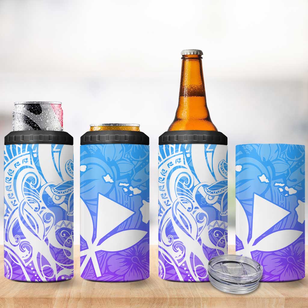Polynesian Tribal Plumeria 4 in 1 Can Cooler Tumbler with Hawaii Kanaka Maoli Blue Gradient Version