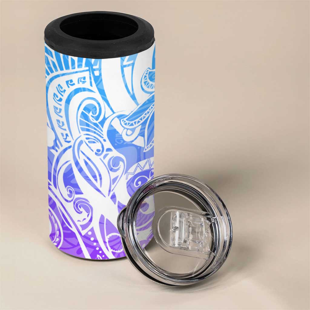 Polynesian Tribal Plumeria 4 in 1 Can Cooler Tumbler with Hawaii Kanaka Maoli Blue Gradient Version