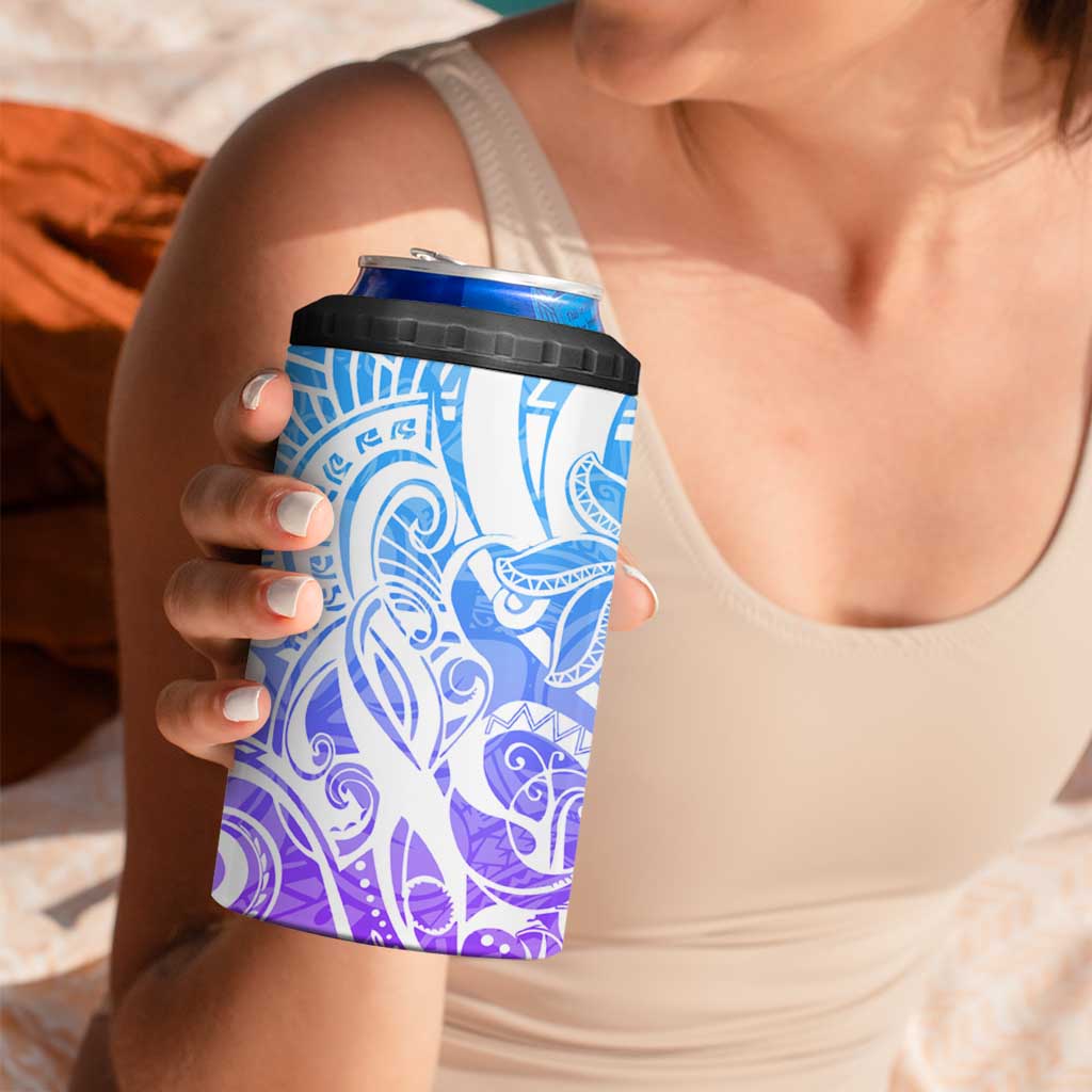 Polynesian Tribal Plumeria 4 in 1 Can Cooler Tumbler with Hawaii Kanaka Maoli Blue Gradient Version