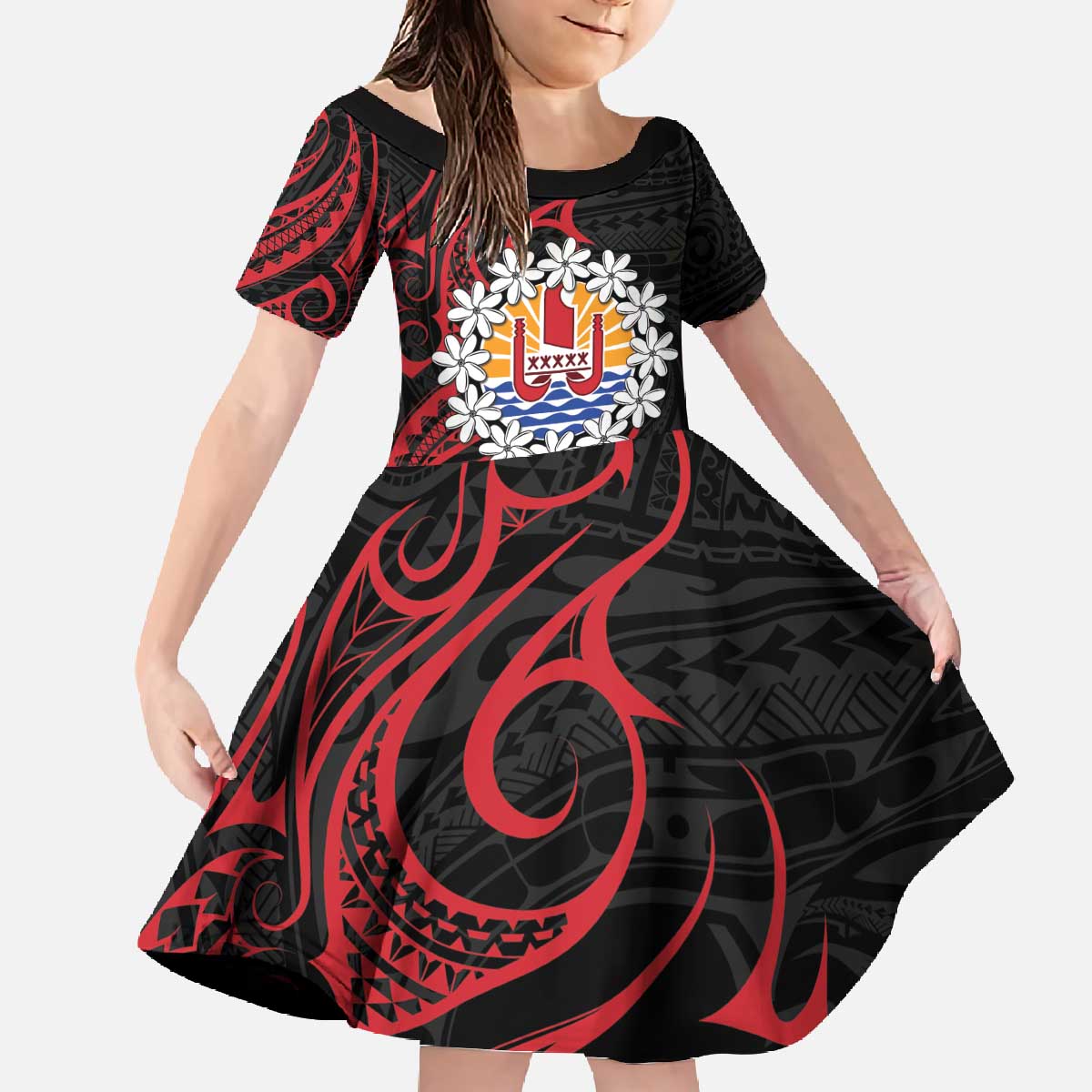 Tahitian Coat Of Arm and Tiare Flower Family Matching Off The Shoulder Long Sleeve Dress and Hawaiian Shirt Polynesian Tribal Tattoo LT9 Daughter's Dress Black - Polynesian Pride
