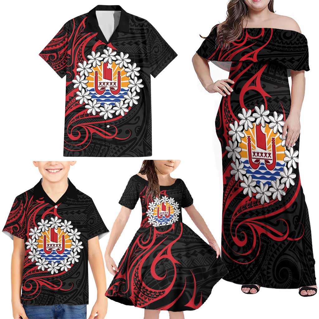Tahitian Coat Of Arm and Tiare Flower Family Matching Off Shoulder Maxi Dress and Hawaiian Shirt Polynesian Tribal Tattoo LT9 - Polynesian Pride