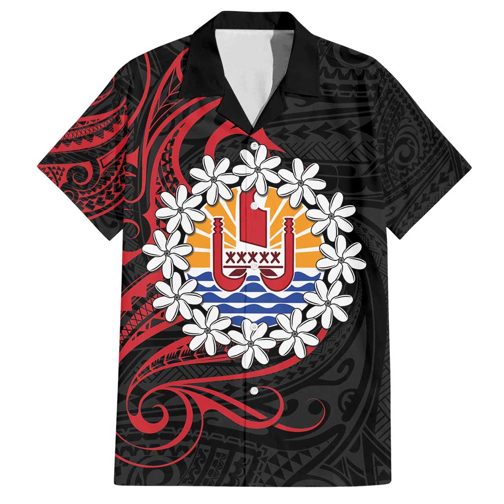 Tahitian Coat Of Arm and Tiare Flower Family Matching Off Shoulder Maxi Dress and Hawaiian Shirt Polynesian Tribal Tattoo LT9 Dad's Shirt - Short Sleeve Black - Polynesian Pride