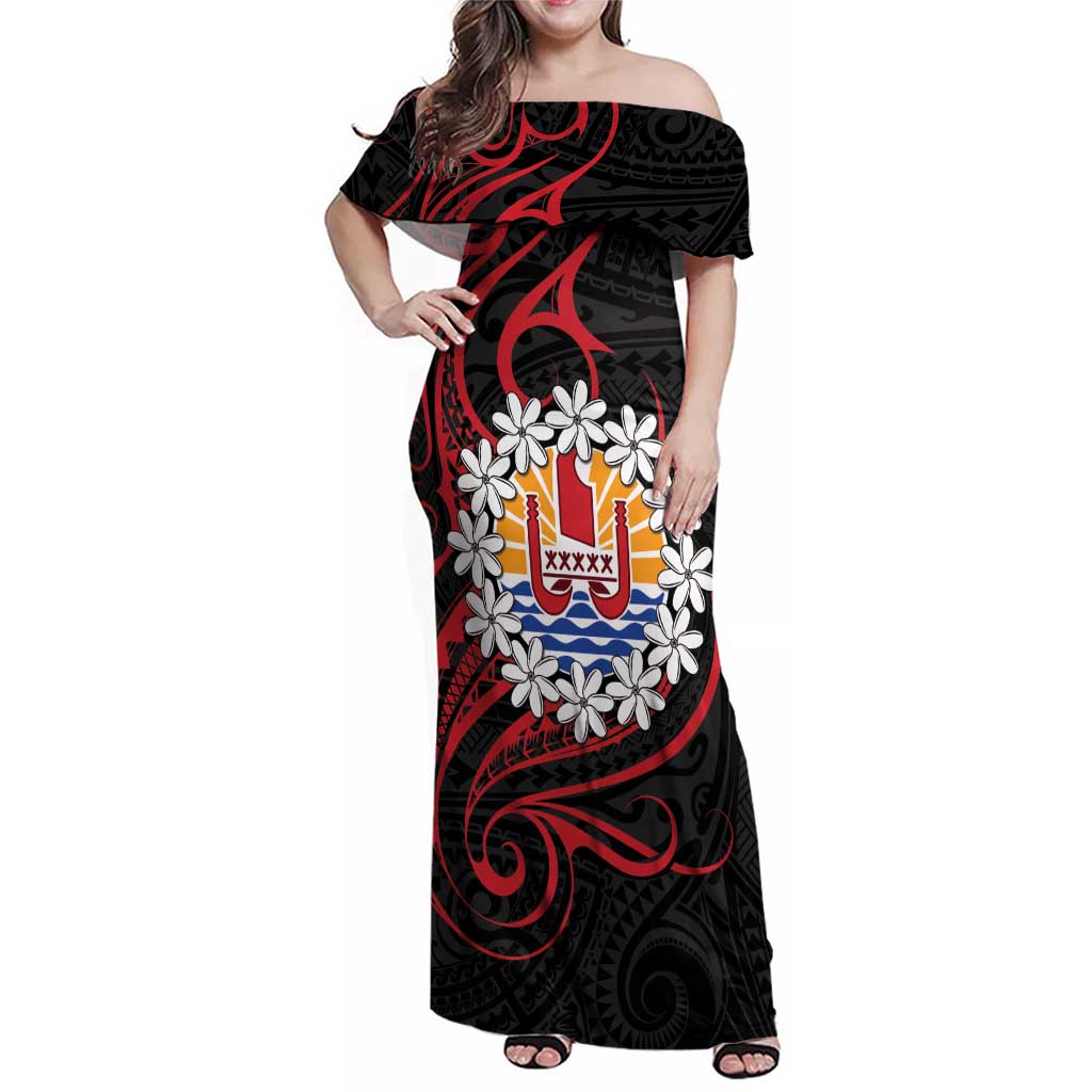 Tahitian Coat Of Arm and Tiare Flower Family Matching Off Shoulder Maxi Dress and Hawaiian Shirt Polynesian Tribal Tattoo LT9 Mom's Dress Black - Polynesian Pride