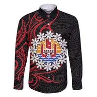Tahitian Coat Of Arm and Tiare Flower Family Matching Off Shoulder Short Dress and Hawaiian Shirt Polynesian Tribal Tattoo LT9 Dad's Shirt - Long Sleeve Black - Polynesian Pride