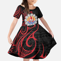 Tahitian Coat Of Arm and Tiare Flower Family Matching Summer Maxi Dress and Hawaiian Shirt Polynesian Tribal Tattoo LT9 Daughter's Dress Black - Polynesian Pride