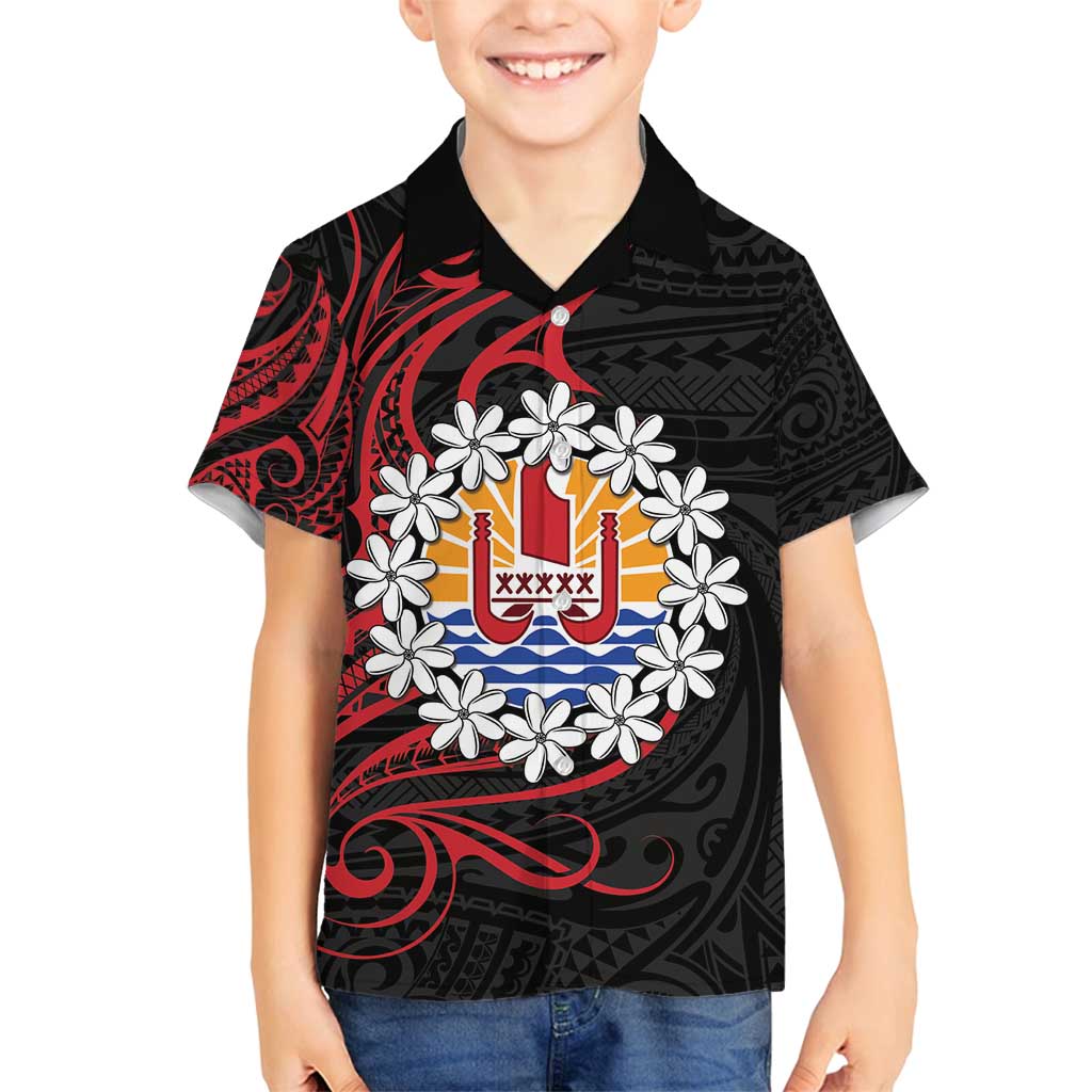 Tahitian Coat Of Arm and Tiare Flower Family Matching Tank Maxi Dress and Hawaiian Shirt Polynesian Tribal Tattoo LT9 Son's Shirt Black - Polynesian Pride