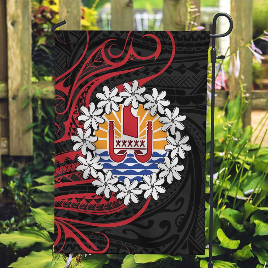 Tahitian Coat Of Arm and Tiare Flower Garden Flag Polynesian Tribal Tattoo LT9 Garden Flag Black - Polynesian Pride