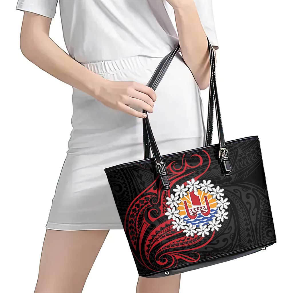 Tahitian Coat Of Arm and Tiare Flower Leather Tote Bag Polynesian Tribal Tattoo LT9 - Polynesian Pride