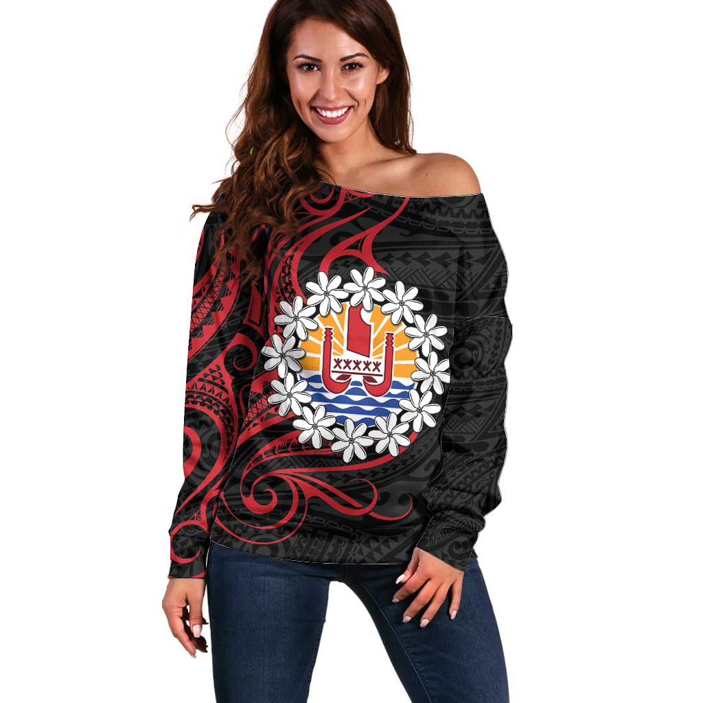 Tahitian Coat Of Arm and Tiare Flower Off Shoulder Sweater Polynesian Tribal Tattoo