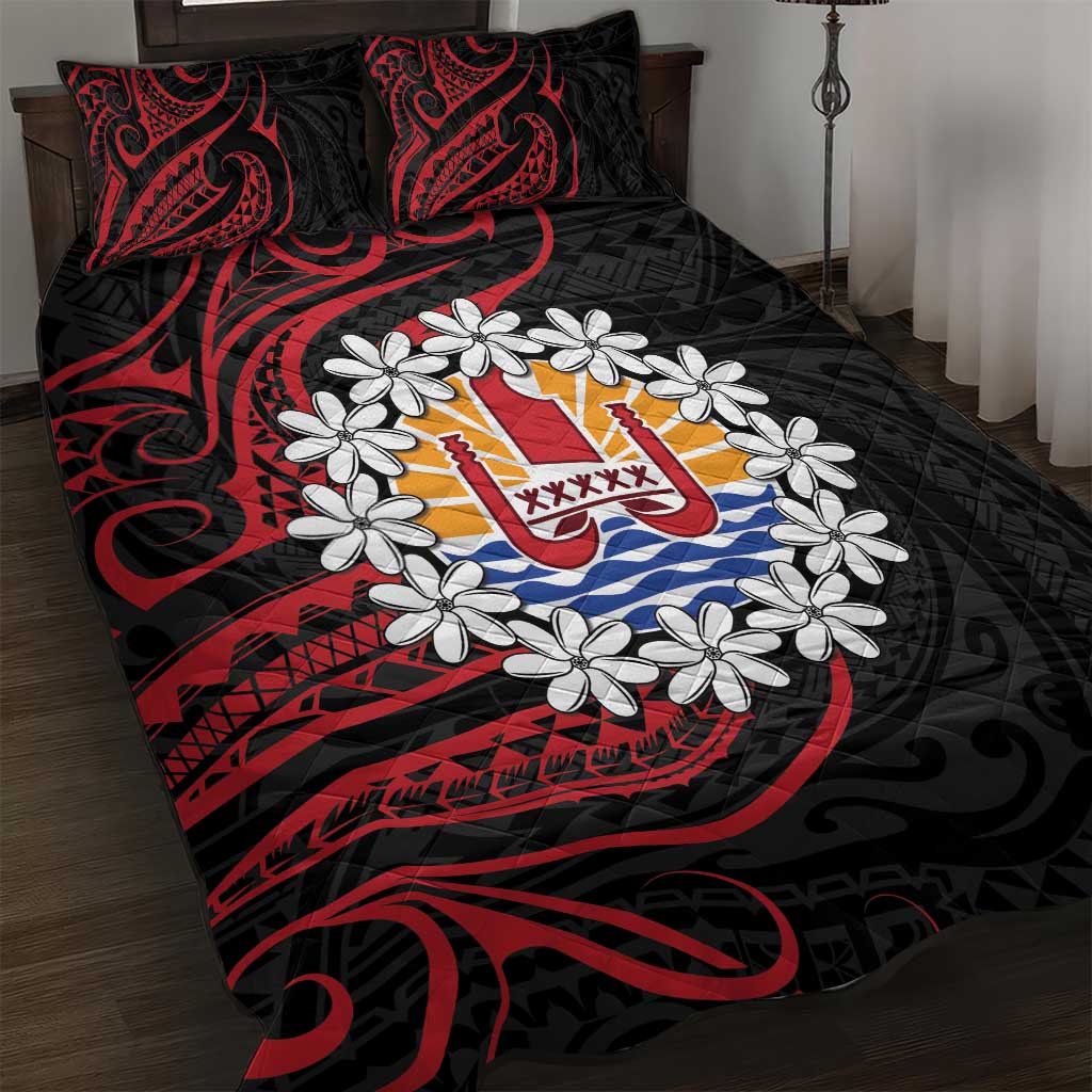 Tahitian Coat Of Arm and Tiare Flower Quilt Bed Set Polynesian Tribal Tattoo LT9 Black - Polynesian Pride