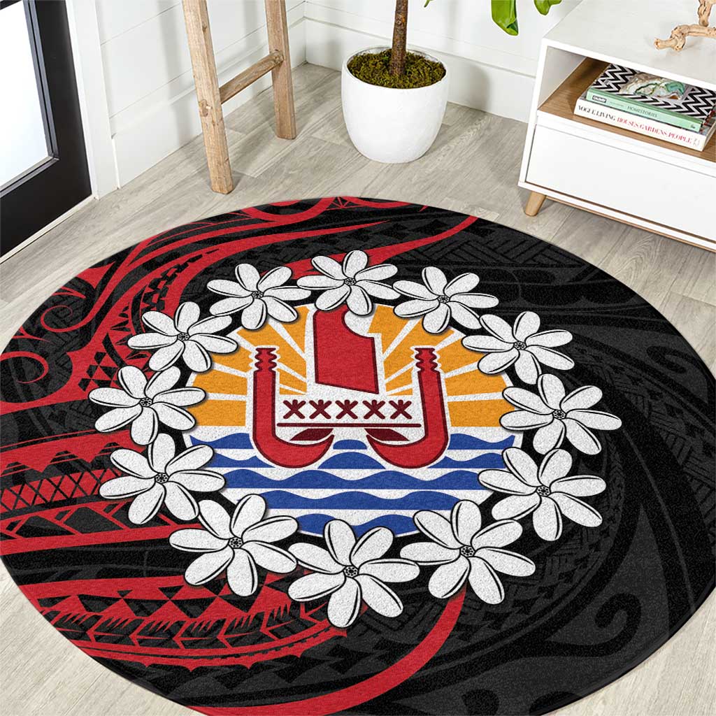 Tahitian Coat Of Arm and Tiare Flower Round Carpet Polynesian Tribal Tattoo LT9 Black - Polynesian Pride