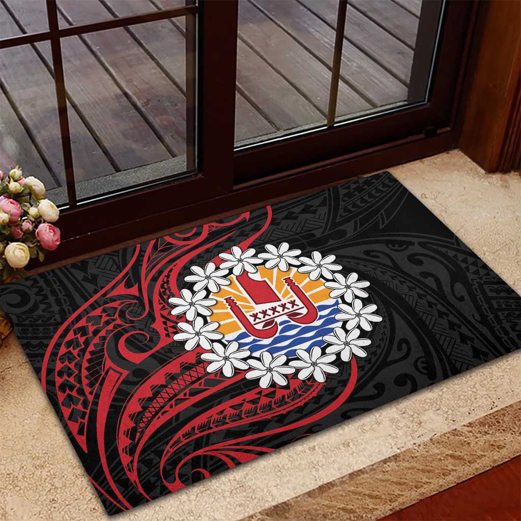 Tahitian Coat Of Arm and Tiare Flower Rubber Doormat Polynesian Tribal Tattoo LT9 - Polynesian Pride