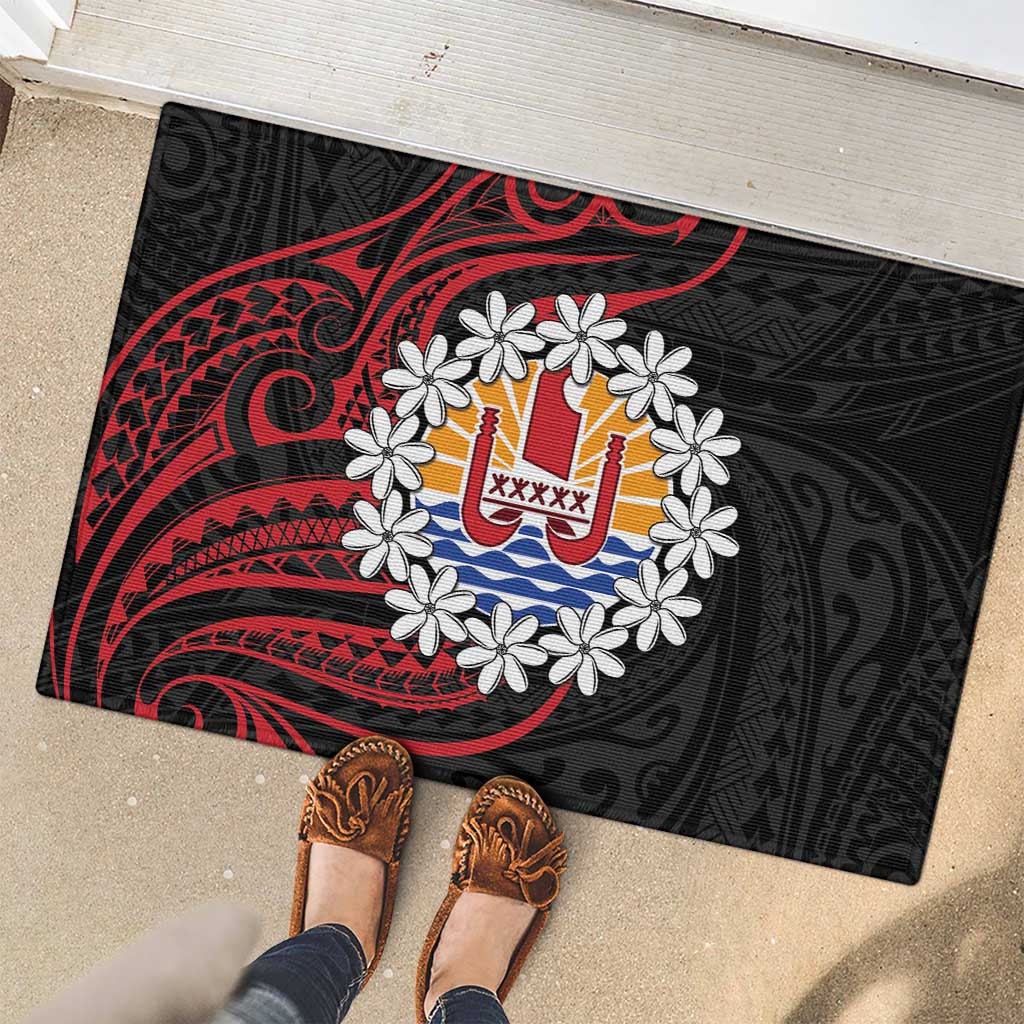 Tahitian Coat Of Arm and Tiare Flower Rubber Doormat Polynesian Tribal Tattoo LT9 - Polynesian Pride
