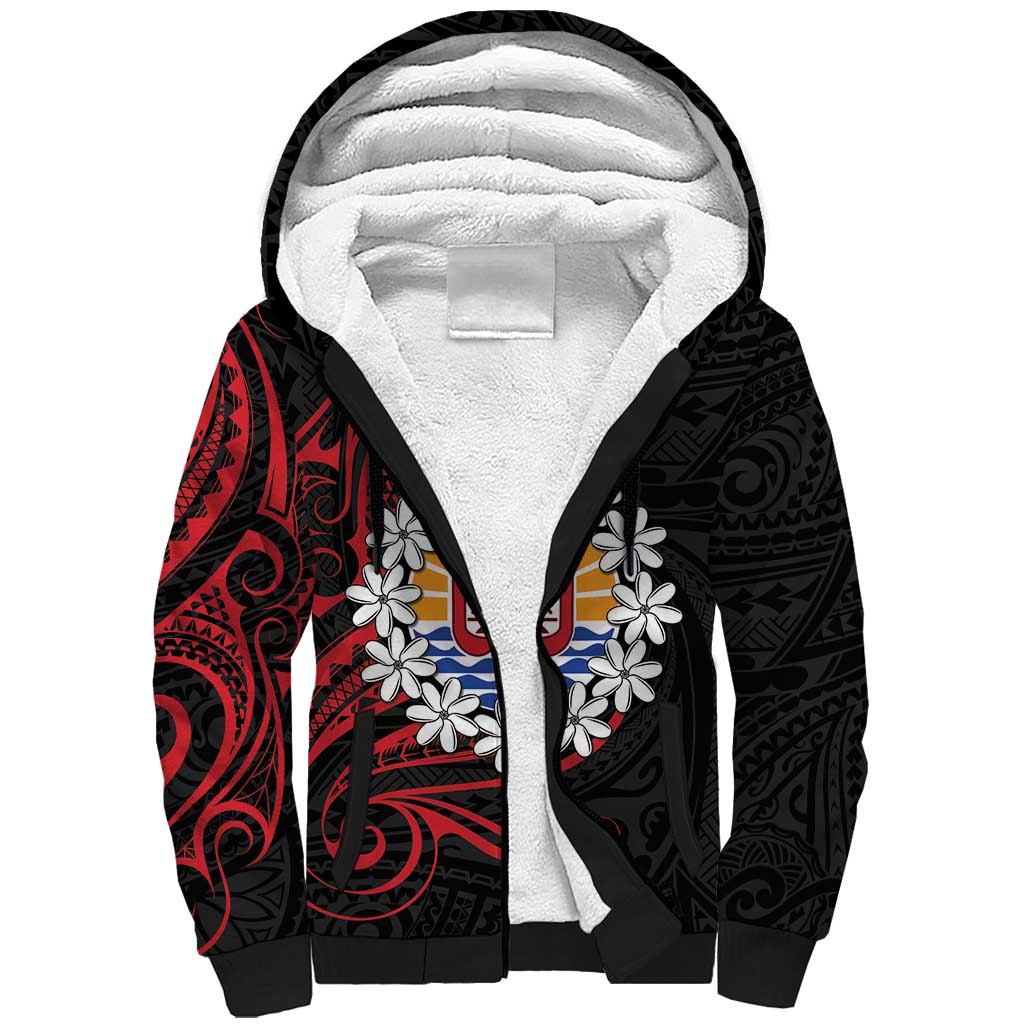 Tahitian Coat Of Arm and Tiare Flower Sherpa Hoodie Polynesian Tribal Tattoo