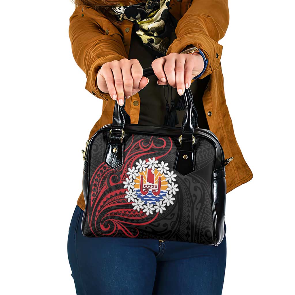 Tahitian Coat Of Arm and Tiare Flower Shoulder Handbag Polynesian Tribal Tattoo LT9 One Size Black - Polynesian Pride