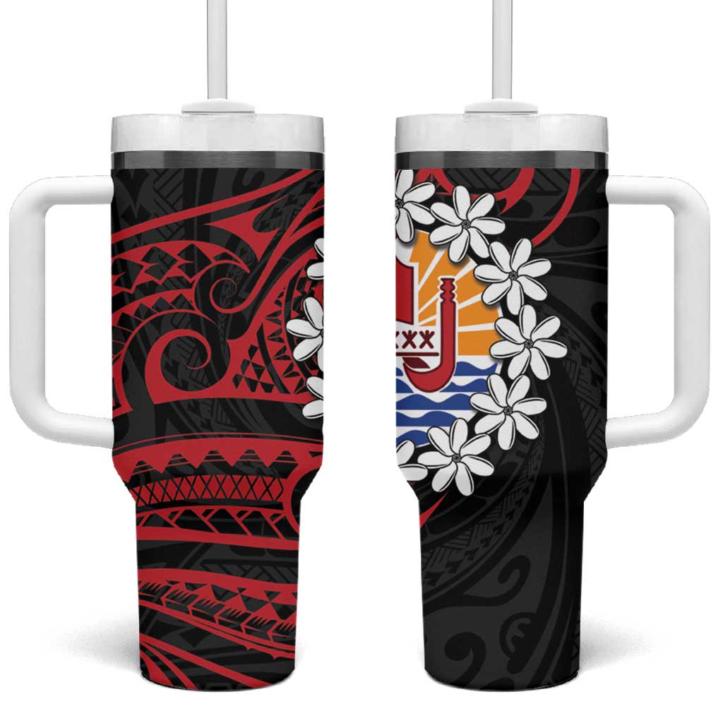 Tahitian Coat Of Arm and Tiare Flower Tumbler With Handle Polynesian Tribal Tattoo