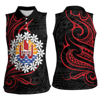 Tahitian Coat Of Arm and Tiare Flower Women Sleeveless Polo Shirt Polynesian Tribal Tattoo