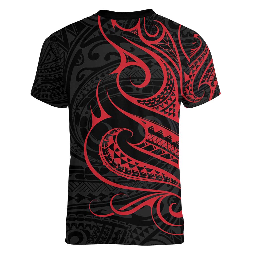 Tahitian Coat Of Arm and Tiare Flower Women V-Neck T-Shirt Polynesian Tribal Tattoo