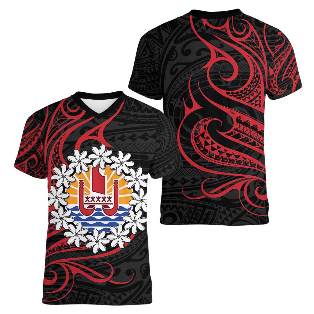Tahitian Coat Of Arm and Tiare Flower Women V-Neck T-Shirt Polynesian Tribal Tattoo