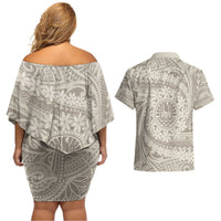 Tahitian Tiare Flower Couples Matching Off Shoulder Short Dress and Hawaiian Shirt Beige Polynesian Pattern