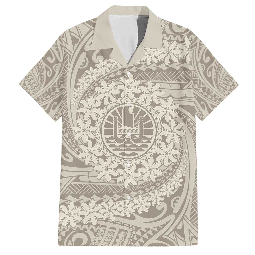 Tahitian Tiare Flower Family Matching Long Sleeve Bodycon Dress and Hawaiian Shirt Beige Polynesian Pattern