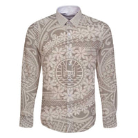 Tahitian Tiare Flower Family Matching Long Sleeve Bodycon Dress and Hawaiian Shirt Beige Polynesian Pattern