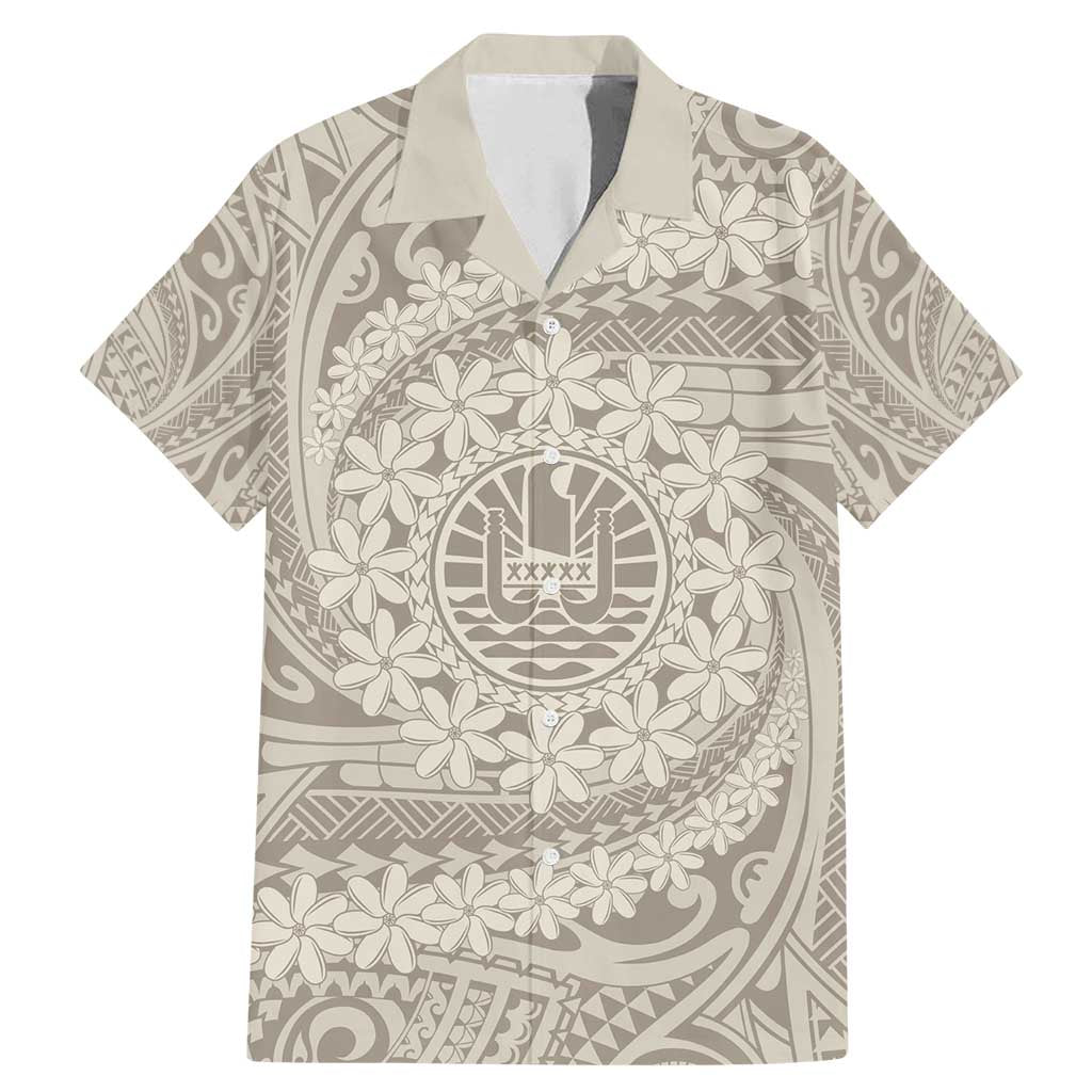 Tahitian Tiare Flower Family Matching Mermaid Dress and Hawaiian Shirt Beige Polynesian Pattern