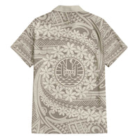 Tahitian Tiare Flower Family Matching Off The Shoulder Long Sleeve Dress and Hawaiian Shirt Beige Polynesian Pattern