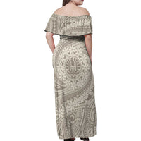 Tahitian Tiare Flower Family Matching Off Shoulder Maxi Dress and Hawaiian Shirt Beige Polynesian Pattern