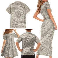 Tahitian Tiare Flower Family Matching Short Sleeve Bodycon Dress and Hawaiian Shirt Beige Polynesian Pattern