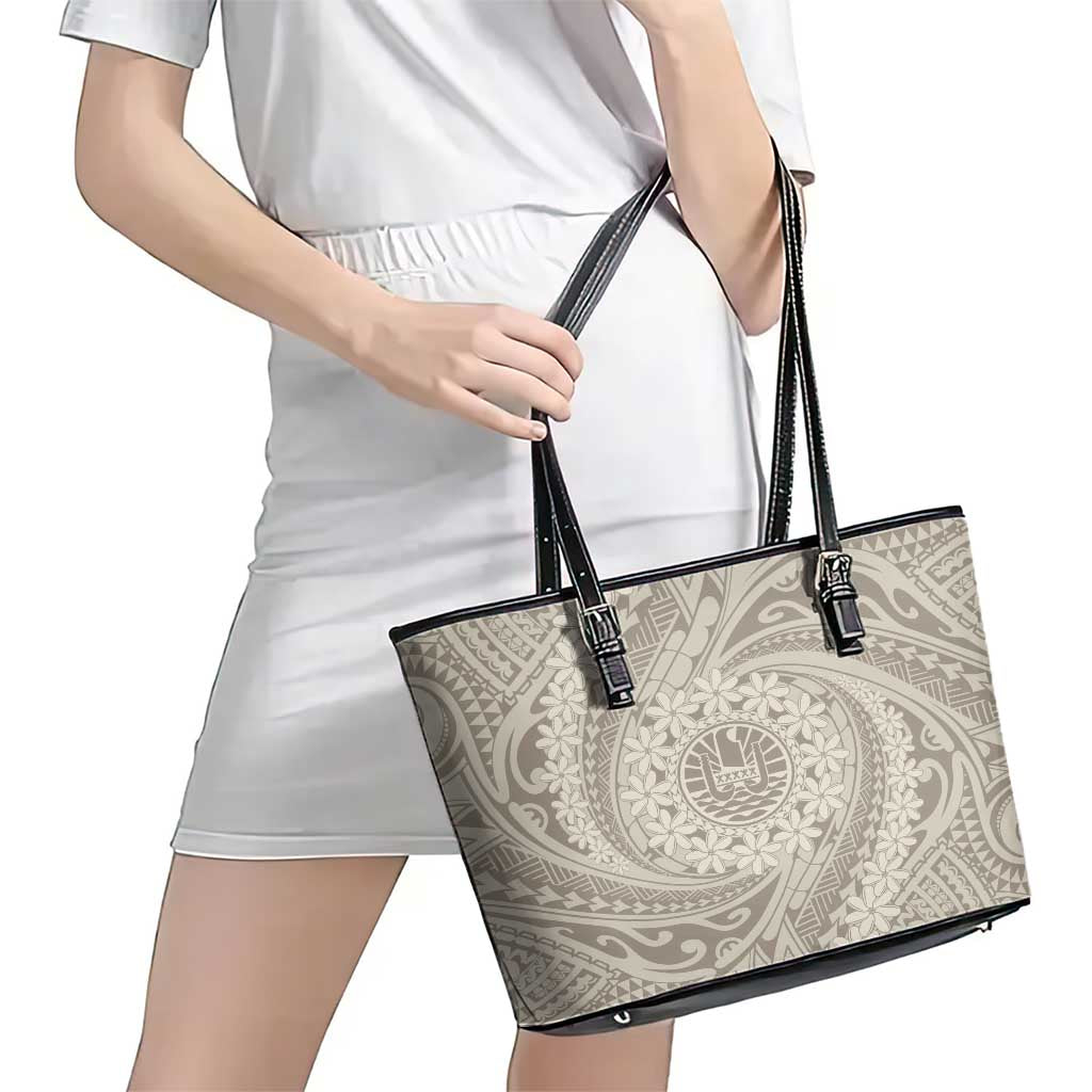 Tahitian Tiare Flower Leather Tote Bag Beige Polynesian Pattern