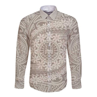 Tahitian Tiare Flower Long Sleeve Button Shirt Beige Polynesian Pattern