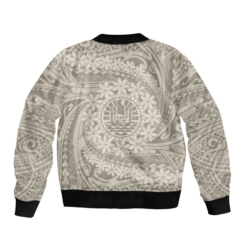 Tahitian Tiare Flower Sleeve Zip Bomber Jacket Beige Polynesian Pattern