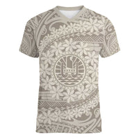 Tahitian Tiare Flower Women V-Neck T-Shirt Beige Polynesian Pattern