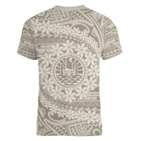 Tahitian Tiare Flower Women V-Neck T-Shirt Beige Polynesian Pattern