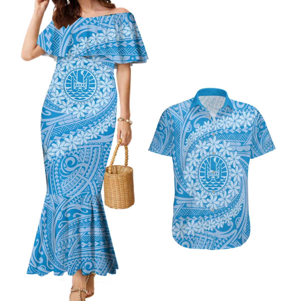 Tahitian Tiare Flower Couples Matching Mermaid Dress and Hawaiian Shirt Blue Polynesian Pattern