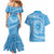 Tahitian Tiare Flower Couples Matching Mermaid Dress and Hawaiian Shirt Blue Polynesian Pattern