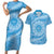 Tahitian Tiare Flower Couples Matching Short Sleeve Bodycon Dress and Hawaiian Shirt Blue Polynesian Pattern