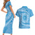 Tahitian Tiare Flower Couples Matching Short Sleeve Bodycon Dress and Hawaiian Shirt Blue Polynesian Pattern