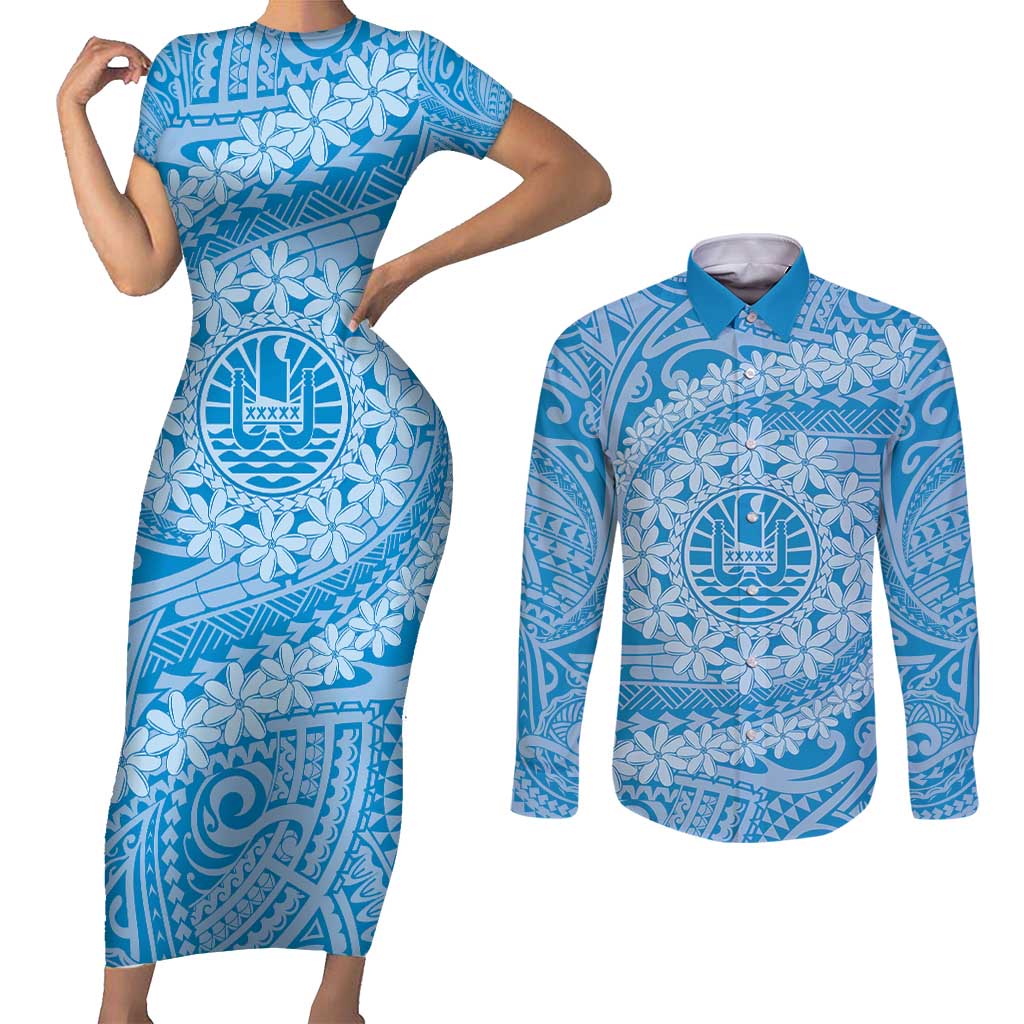 Tahitian Tiare Flower Couples Matching Short Sleeve Bodycon Dress and Long Sleeve Button Shirt Blue Polynesian Pattern