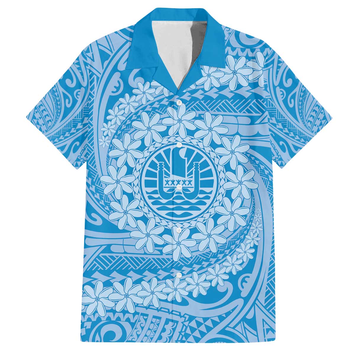 Tahitian Tiare Flower Family Matching Off The Shoulder Long Sleeve Dress and Hawaiian Shirt Blue Polynesian Pattern