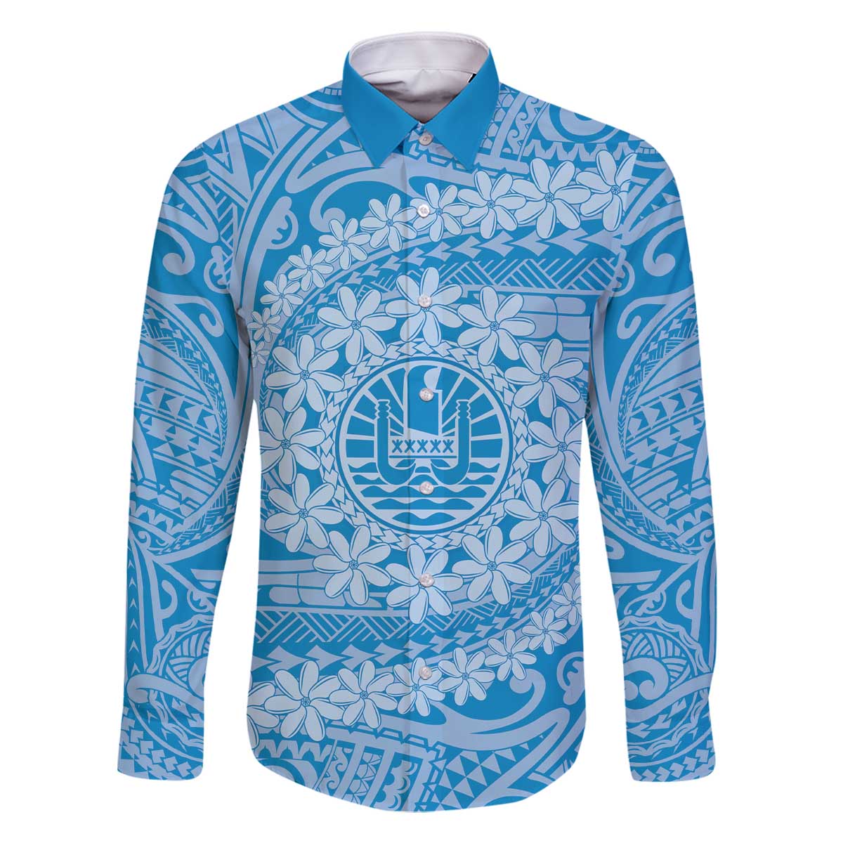 Tahitian Tiare Flower Family Matching Off The Shoulder Long Sleeve Dress and Hawaiian Shirt Blue Polynesian Pattern