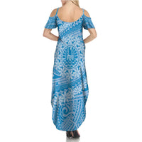 Tahitian Tiare Flower Family Matching Summer Maxi Dress and Hawaiian Shirt Blue Polynesian Pattern