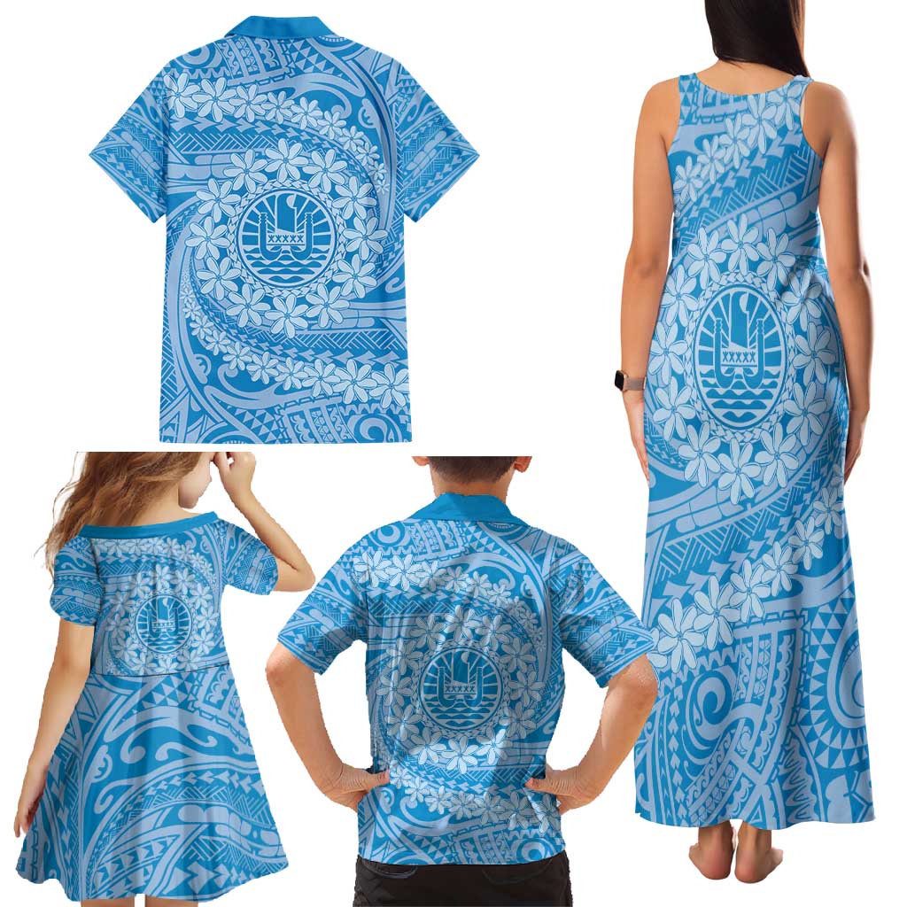 Tahitian Tiare Flower Family Matching Tank Maxi Dress and Hawaiian Shirt Blue Polynesian Pattern