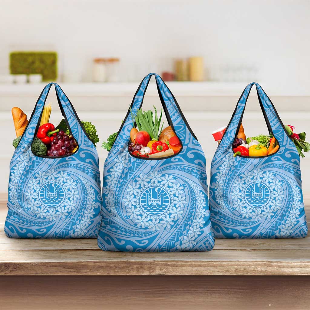 Tahitian Tiare Flower Grocery Bag Blue Polynesian Pattern