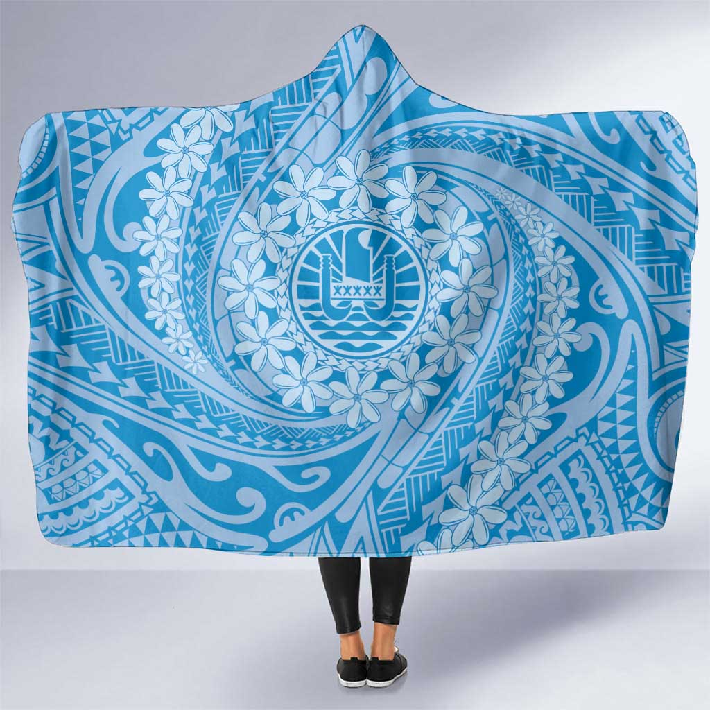 Tahitian Tiare Flower Hooded Blanket Blue Polynesian Pattern