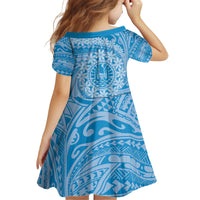 Tahitian Tiare Flower Kid Short Sleeve Dress Blue Polynesian Pattern