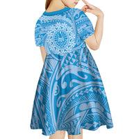 Tahitian Tiare Flower Kid Short Sleeve Dress Blue Polynesian Pattern